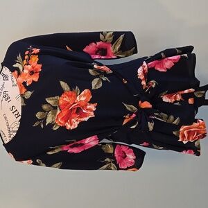 Navy Flower Printed Blouse with "Belt" Tie